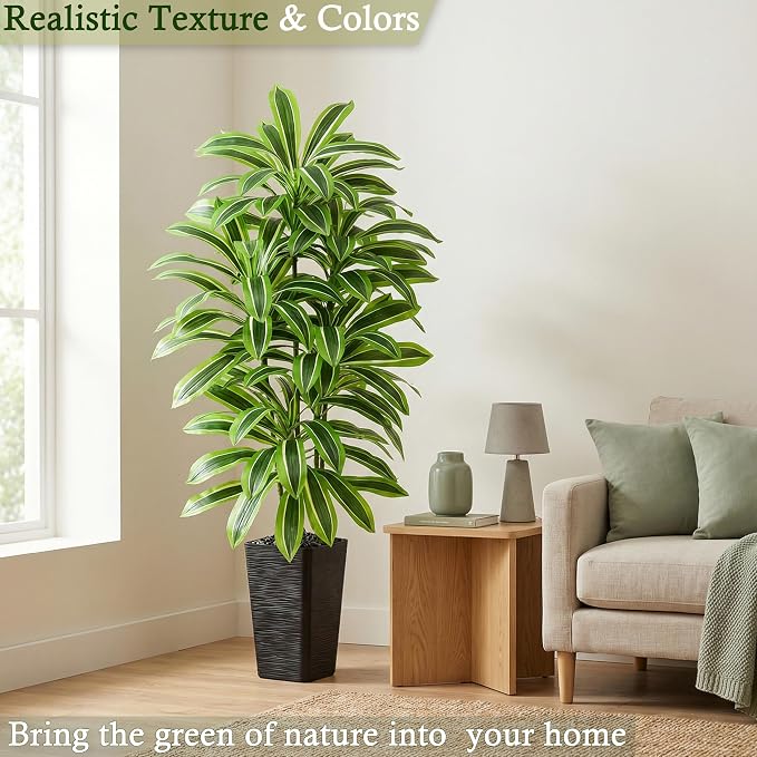 Artificial Dracaena Tree：5FT Faux Silk Tropical Yucca Floor Trees Realistic Fake Green Plant with Natural Wood Trunk & Lifelike Leaves for Home Office Decor Indoor & Outdoor (5FT,1-Pack,Black)