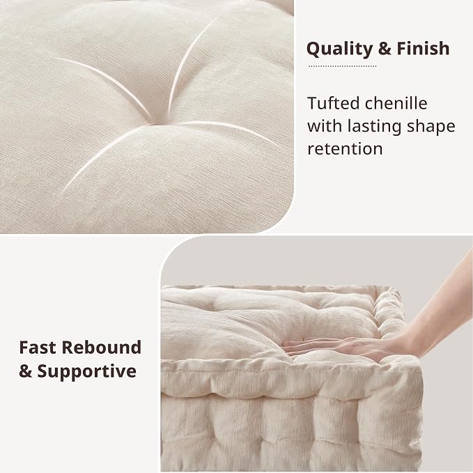 Intelligent Design Azza Floor Pillow, Large Cushions Sitting for Adults, Floor Pillow for Meditation or Yoga, Lustrous Chenille Tufted with Scalloped Edges for Bench/Chair Cushion, 20"x20"x5" Ivory