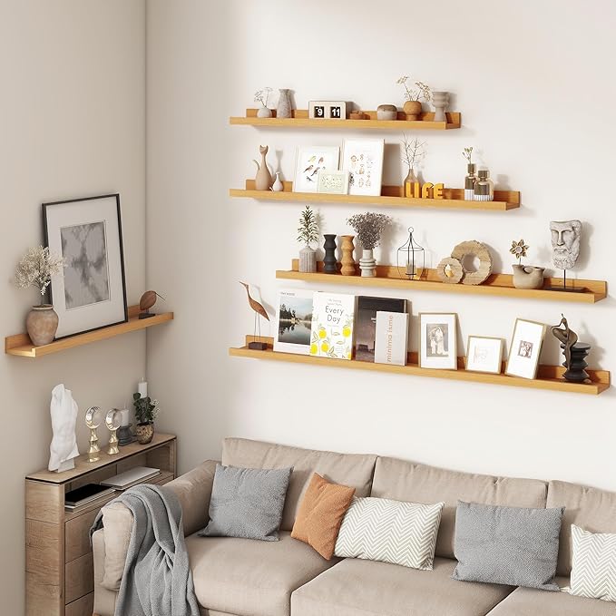 FLYJOE Picture Ledge Shelf, Floating Shelves Set of 2, 40 Inches Nursery Book Shelves for Toys Storage, Kids Bookshelf Wall Mounted for Living Room Bedroom Decor Books Photo Frames, Natural Oak