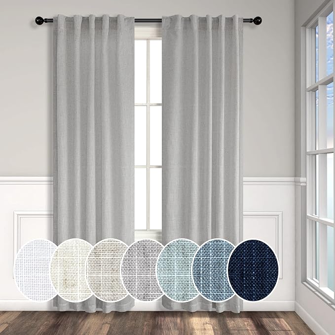 Gray Curtains 38 Inch Wide for Bedroom 2 Panel Set Back Tab Rod Pocket Semi Privacy Cotton Textured Light Filtering Linen Sheer Light Grey Curtain for Living Room Door Modern Farmhouse Decor 38W x 84L
