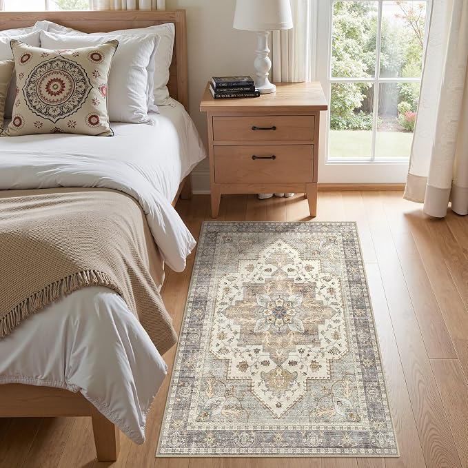 Tortania Area Rug Living Room Rugs - 3x5 Washable Rug Vintage Oriental Distressed Farmhouse Small Thin Indoor Carpet for Living Room Bedroom Under Dining Table Home Office - Greige