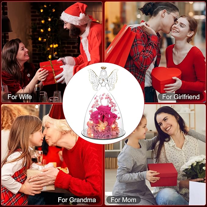 Mothers Day Rose Gifts for Women Preserved Real Flower in Glass Angel Figurines Roses for Delivery Prime Birthday Gifts for Mom Grandma Girlfriend Wife Her - Hot Pink