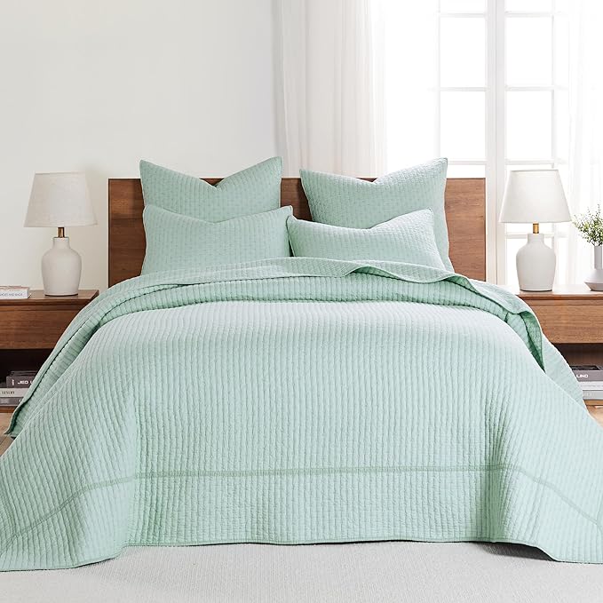 Levtex Home Cross Stitch Reversible Queen Bedspread Set (104x106in) with 2 Pillow Shams (26x20in) - Stitch Texture - Blue Haze - Cotton Queen Size Bedspread Set - Lightweight, Soft, Pre-Washed