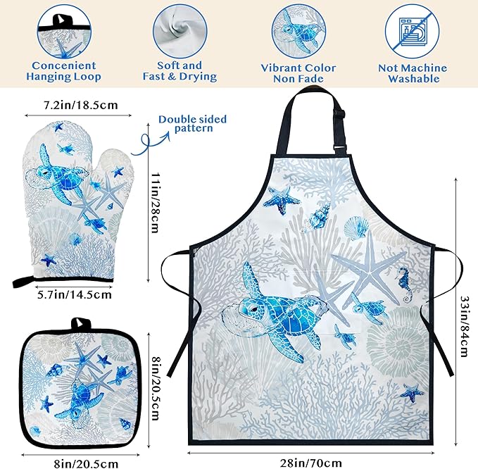 8 PCS Ocean Bamboo Kitchen Cooking Utensil Spoon Set with Apron Oven Mitt Potholder,Gift for Women Coastal Decor Beach Theme Kitchen Decorations,Sea Turtle Lovers,Housewarming,Birthday,Easter