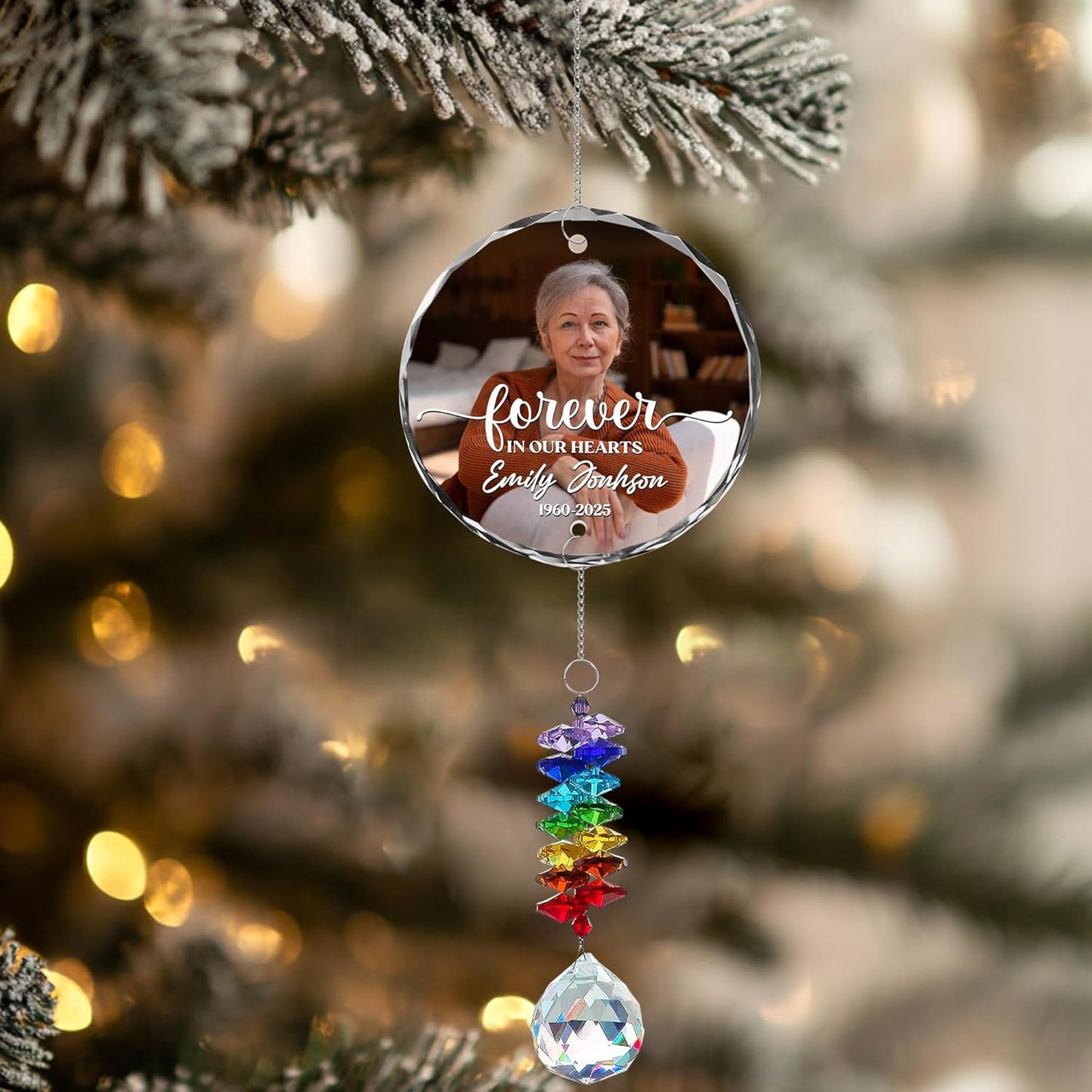 Personalized Memorial Suncatcher Ornament with Photo – Custom Glass Ornament with “Forever in Our Hearts” Quote – in Loving Memory Rainbow Crystal Keepsake – Loss of Loved One