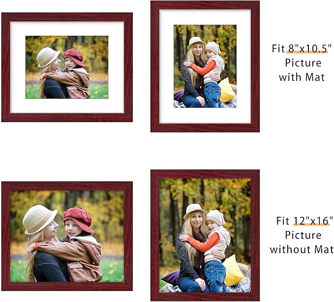 Picrit 12x16 Picture Frame Set of 12, Display 8.5x11 with Mat or 12x16 without Mat, Photo Frames for Wall Mounting Display, Dark Red Wood