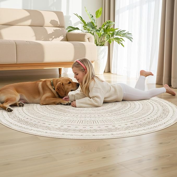 cotiled 5x5 Round Area Rug Living Room: Washable Boho Rugs with Non Slip Backing Large Soft Indoor Stain Resistant Carpet for Bedroom Farmhouse Dining Room Lightweight Home Decor Brown/Cream