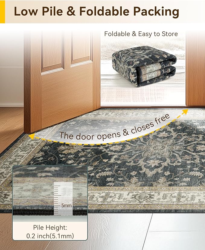 RELEANY Area Rugs 5'x7' Washable Non-Slip, Floral Vintage Distress Print Pattern Medallion Carpet for Living Room Bedroom Dining Room, Vintage Black Brown Neutral