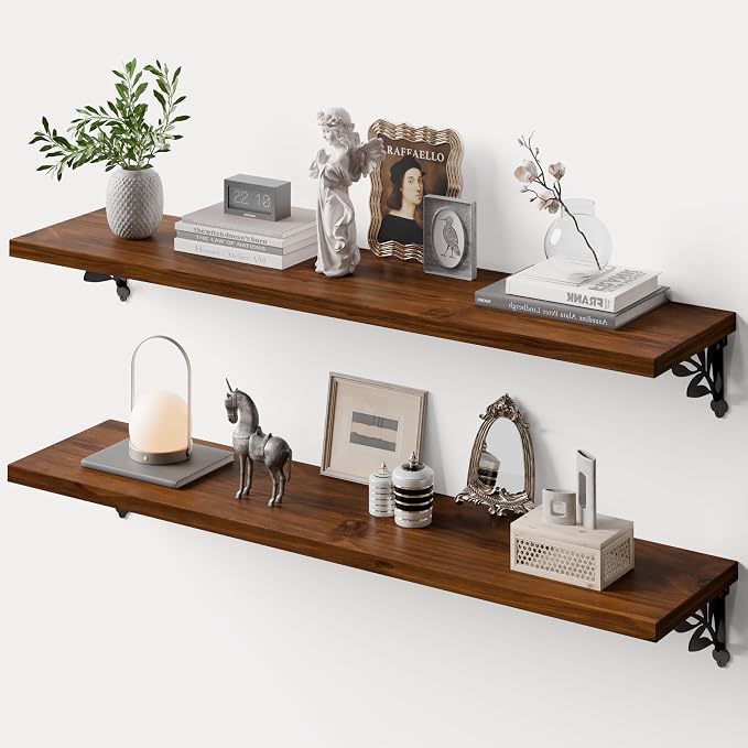 48 Inch 2 Tier Solid Wood Floating Shelves for Wall with Metal Brackets | 48 inch solid pine shelves, 2 tier, walnut finish, metal brackets for books, decor and home storage
