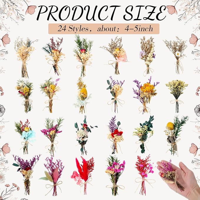 Tinideya 24 Pcs Dried Flowers Bouquet Boho Mini Dried Flower with Stem Small Floral Plants Mixed Natural Flowers Bundles for Crafts Vase DIY Photo Props Wedding Decoration