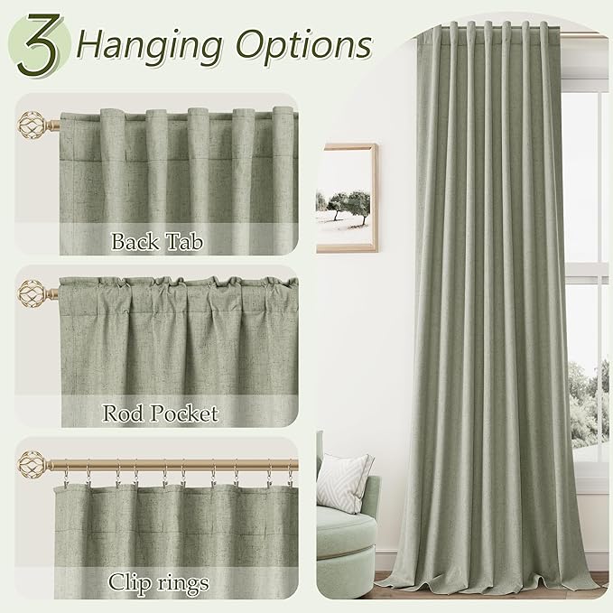 Sage Green 100% Blackout Curtains 96 Inch Length 2 Panels Set for Living Room Bedroom Back Tab Thermal Insulated Black Out Linen Drapes Room Darkening Window Curtains 96 Inches Long