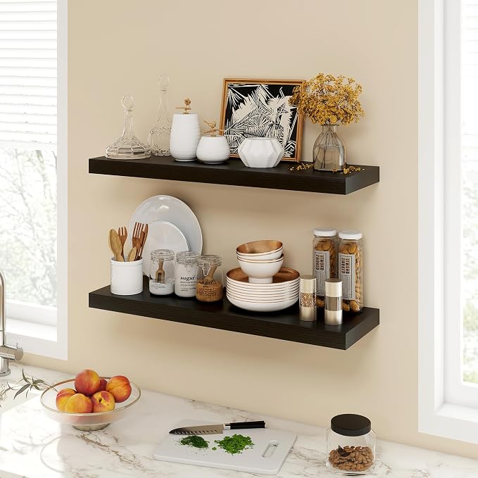 Acovy 30 Inch Floating Shelves, 9.3" Deep Floating Shelf Wall Mounted, 30" Wall Shelves, Rustic Deep Bookshelf, Large Display Shelves & Storage Shelves for Bedroom, Living Room, Black, Set of 2