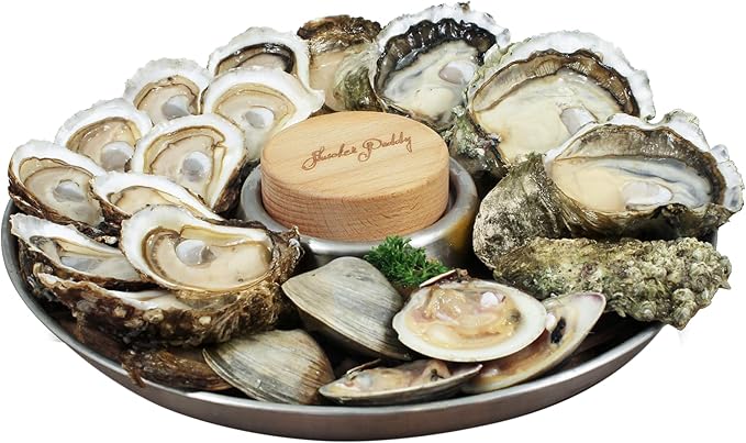 Zyliss Shucker Paddy Oyster Tray Set, 2-in-1 Stainless Steel Oyster Shucking & Serving Tray with Wooden Puck, Holds 24 Oysters, Oven Safe Seafood Platter