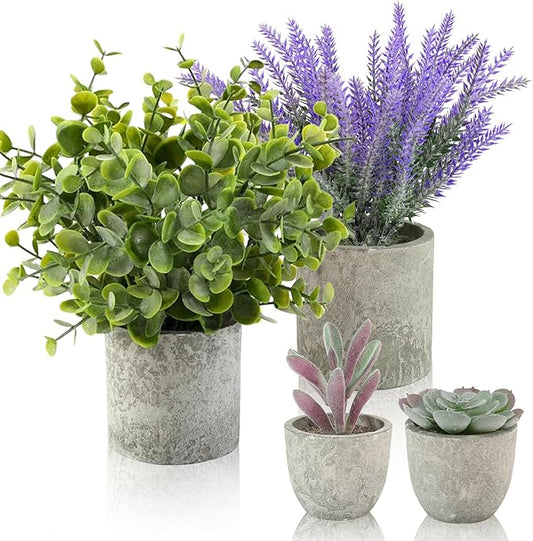ALAGIRLS 4 Packs Fake Plants Small Artificial Plants for Shelf Lavender Flowers Eucalyptus Succulents Plants Potted Faux Plants for Home Indoor Office Bathroom Living Room Decor