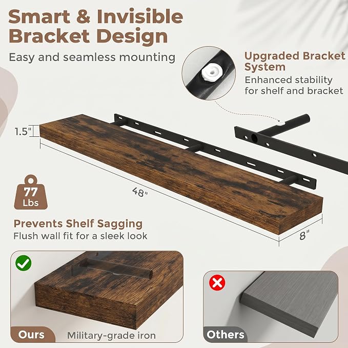 48 Inch Floating Shelves for Wall, 8"D Wood Storage Shelves, Brown Finish | Engineered Wood, Invisible Bracket, Large Storage, Easy Install, Hold Up to 77lbs, Living Room, Bathroom, Bedroom, Kitchen