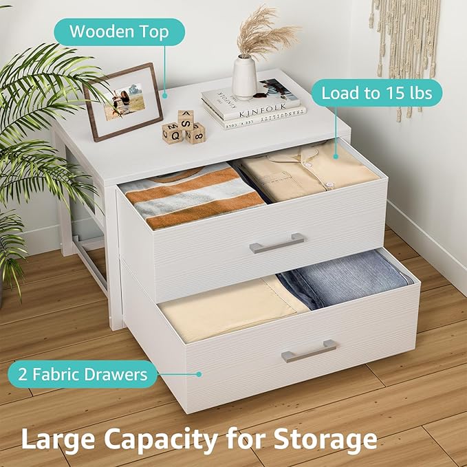 BOLUO Stackable Storage Drawers Closet Organizers and Storage Bins Fabric White 2 Drawer Dresser for Bedroom Office Modern
