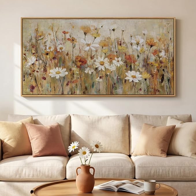 Large Framed Vintage Floral Wall Art for Living Room, Neutral Retro Flower Canvas Painting Prints, Rustic Cottage Core Botanical Picture for Farmhouse Bedroom Dining Room Office Wall Decor, 30x60 Inch