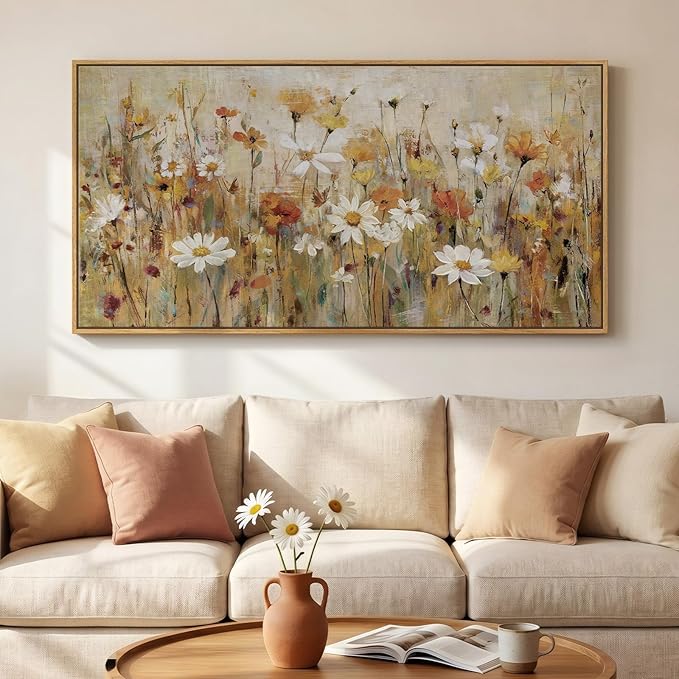 Large Framed Vintage Floral Wall Art for Living Room, Neutral Retro Flower Canvas Painting Prints, Rustic Cottage Core Botanical Picture for Farmhouse Bedroom Dining Room Office Wall Decor, 30x60 Inch