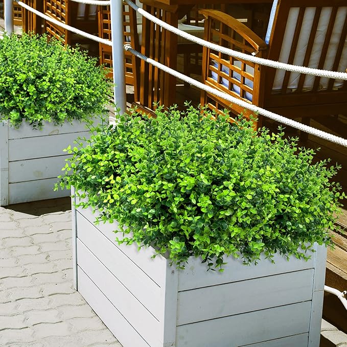 12 Bundles Greenery Artificial Plants Outdoors, Eucalyptus Stems UV Resistant Fake Foliage Plants Faux Boxwood Shrubs Indoor Decorations Artificial Flowers for Garden Pot Porch Fence Hanging Planter