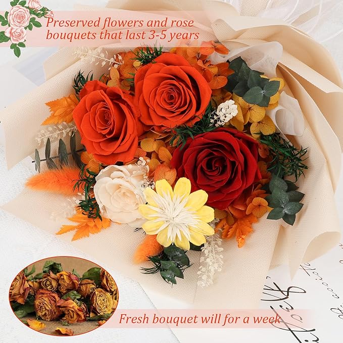 Flowers for Delivery Prime Preserved Flowers Bouquet with Vase That Last 3-5 Years Real Forever Flowers Rose Bouquet for Mom Mother Women Wife Friends Birthday Mother's Day (Orange)