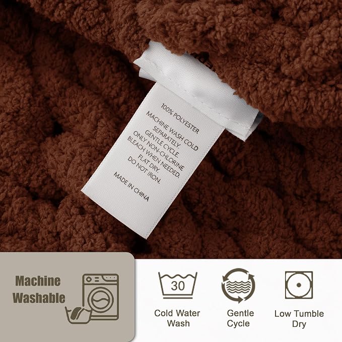 Chunky Knit Throw Blanket 60x80, 100% Handmade Chenille Yarn | 6.7lbs Soft Thick Cable Knitted Blankets, Large Rope Knot Crochet Throws for Couch Sofa Bed Machine Washable, Cocoa Brown