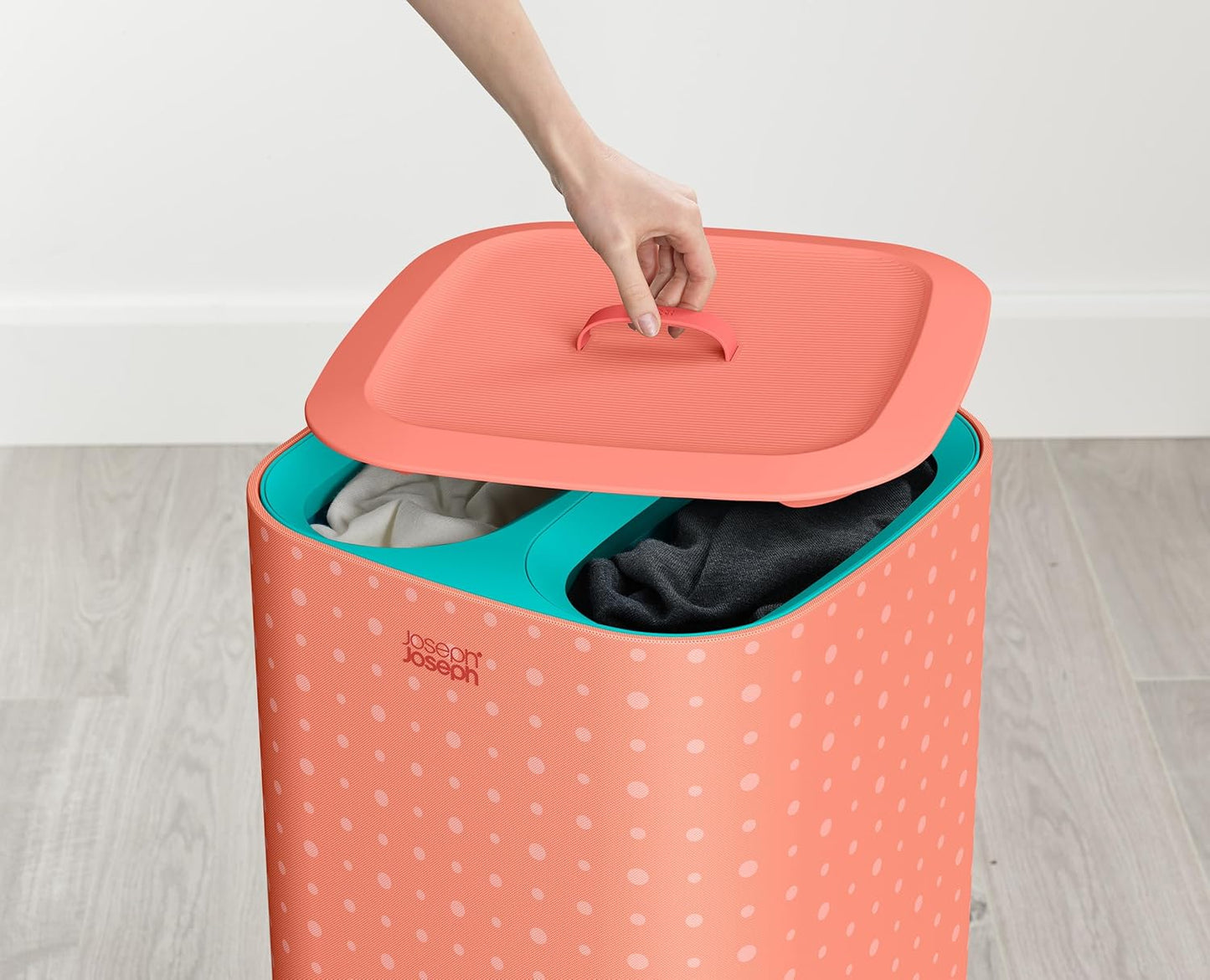 Joseph Joseph Tota Pop 60 liter/15.8 gallon Laundry Hamper Separation Basket with lid, 2 Removable Washing Bags with Handles- Coral/Green