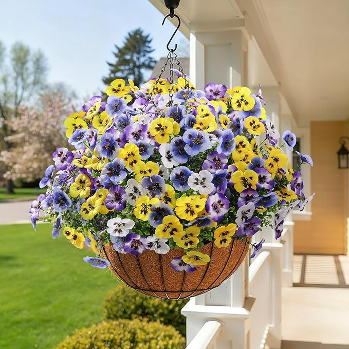 Alupssuc 24 Bundles Artificial Flowers for Outdoors, Fake Spring Flowers for Decoration, UV Resistant Realistic Pansies with Eucalyptus Silk Faux Flowers for Porch Patio Yard, 4 Mix Colors