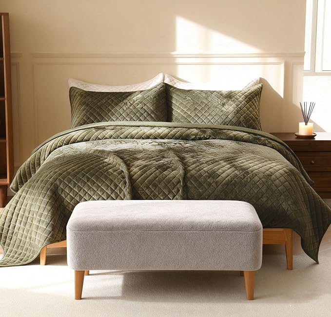 3-Piece Velvet Quilt Set Oversized King Size 120"x120" Bed Blanket Quilted Bedspread Soft Luxury Bedding with 2 Pillow Shams 20''x36'' for All-Season,Army-Green