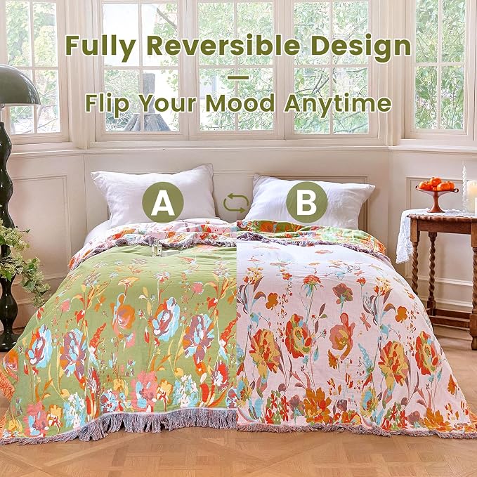 MSGKV Boho Throw Blanket 50"x60" Floral 100% Cotton Blanket with Flower and Butterfly for Couch Sofa Summer Breathable Lightweight Farmhouse Blankets Home Decor Muslin