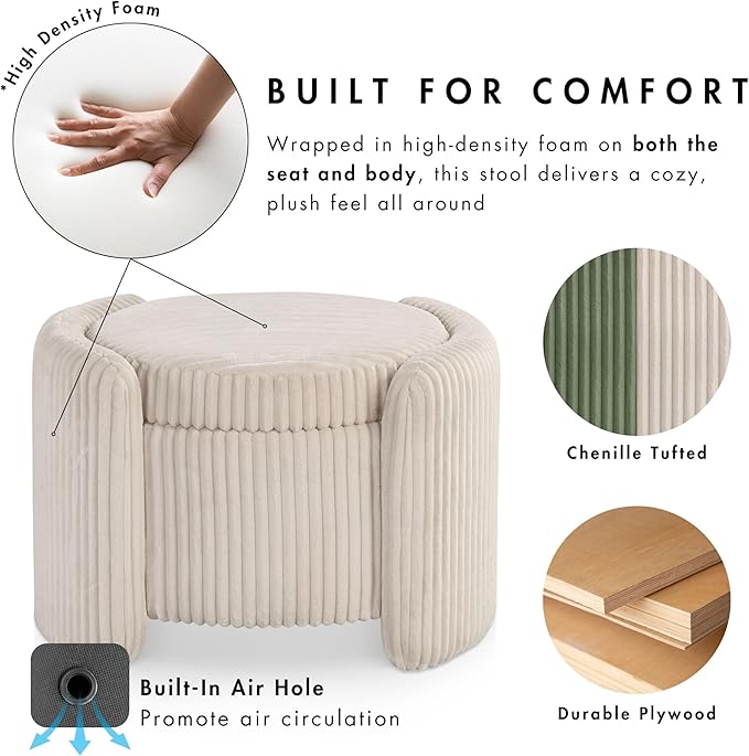 Furniture of America Lennox Modern Chenille 25-inch Round Storage Ottoman with Reversible Flip Top, Upholstered Footstool for Living Room, Bedroom, Entryway, Green
