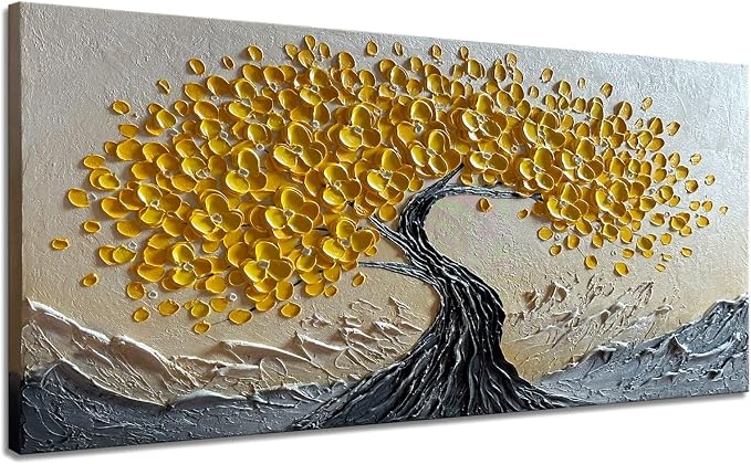 zoinart 3D Oil Paintings, 24"x48", Texture Yellow Tree Wall Art, Abstract Floral Painting Home Decorations Contemporary Art for Living Room Bedroom Office Kitchen Wall Decor