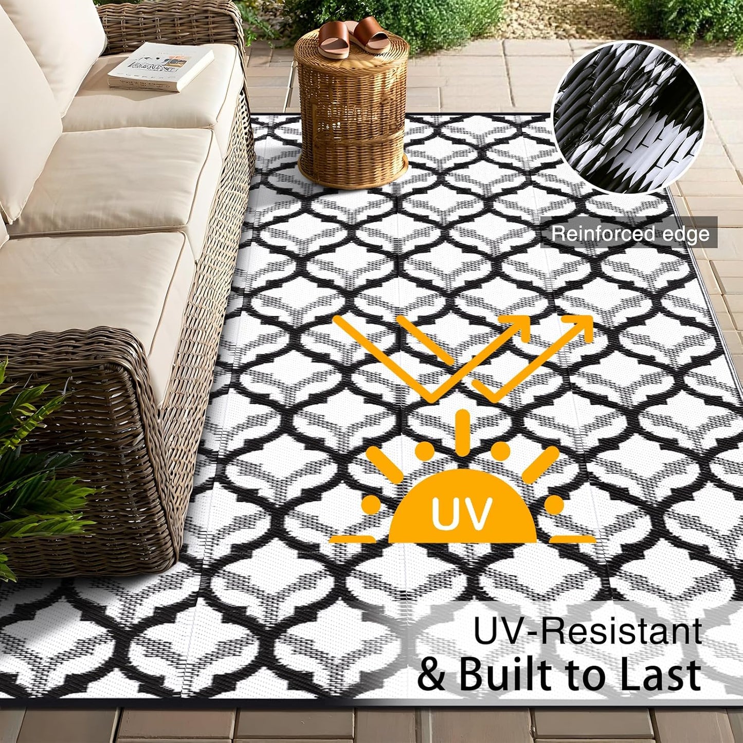 OLANLY Reversible Outdoor Rug 6x9 ft Clearance, Waterproof Outdoor Plastic Straw Rug with Interlacing Pattern, RV Mat for Patio, Camping, Balcony, Deck, Backyard, Black & White