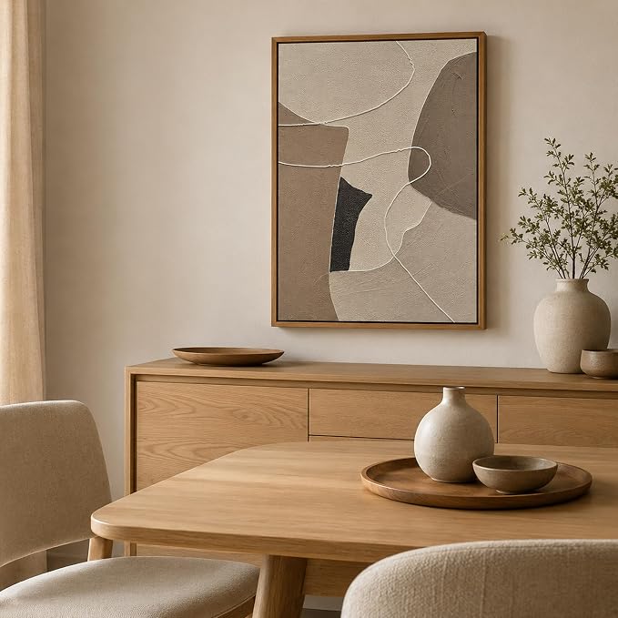 Kabcod Large Beige Brown Abstract Wall Art 3D Textured Oil Painting, Neutral Large Abstract Geometric Picture Wall Decor Framed Artwork Boho Entrance Home Decor Ready to Hang (24" W x 36" L)