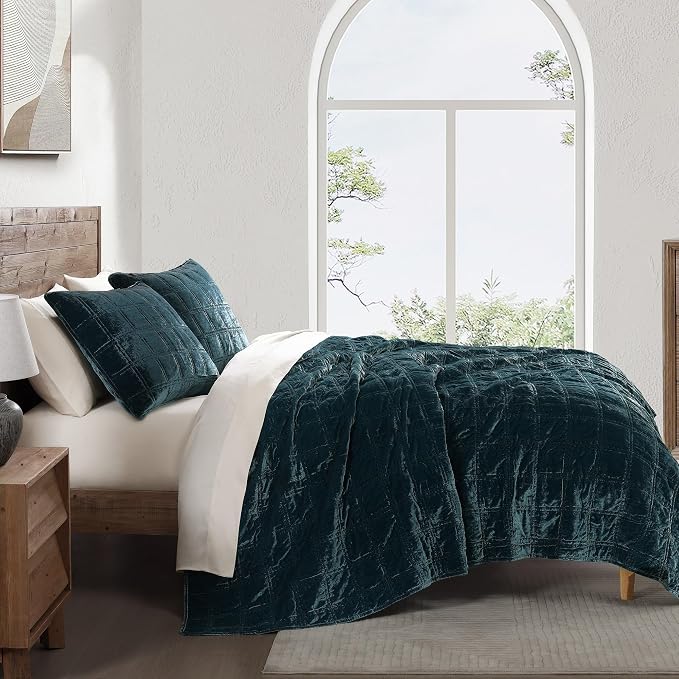 HiEnd Accent Stella Faux Silk Velvet Double Box Stitch 3 Piece Quilt Set, Full Queen Size, Storm Blue Solid Color, Classic Chic Modern Rustic Elegant Bedding Set, Lightweight Bed Set