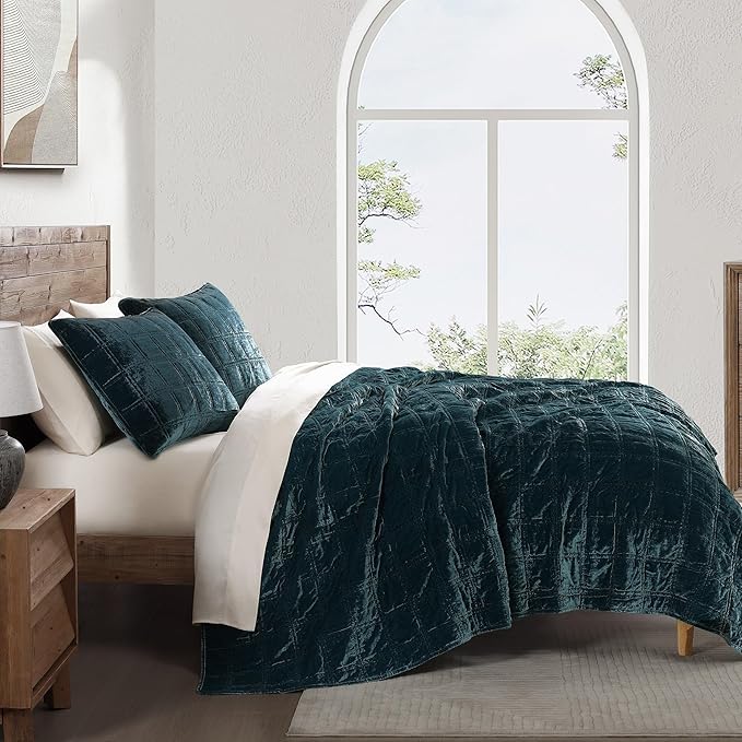 HiEnd Accent Stella Faux Silk Velvet Double Box Stitch 3 Piece Quilt Set, King Size, Storm Blue Solid Color, Classic Chic Modern Rustic Elegant Bedding Set, Lightweight Bed Set