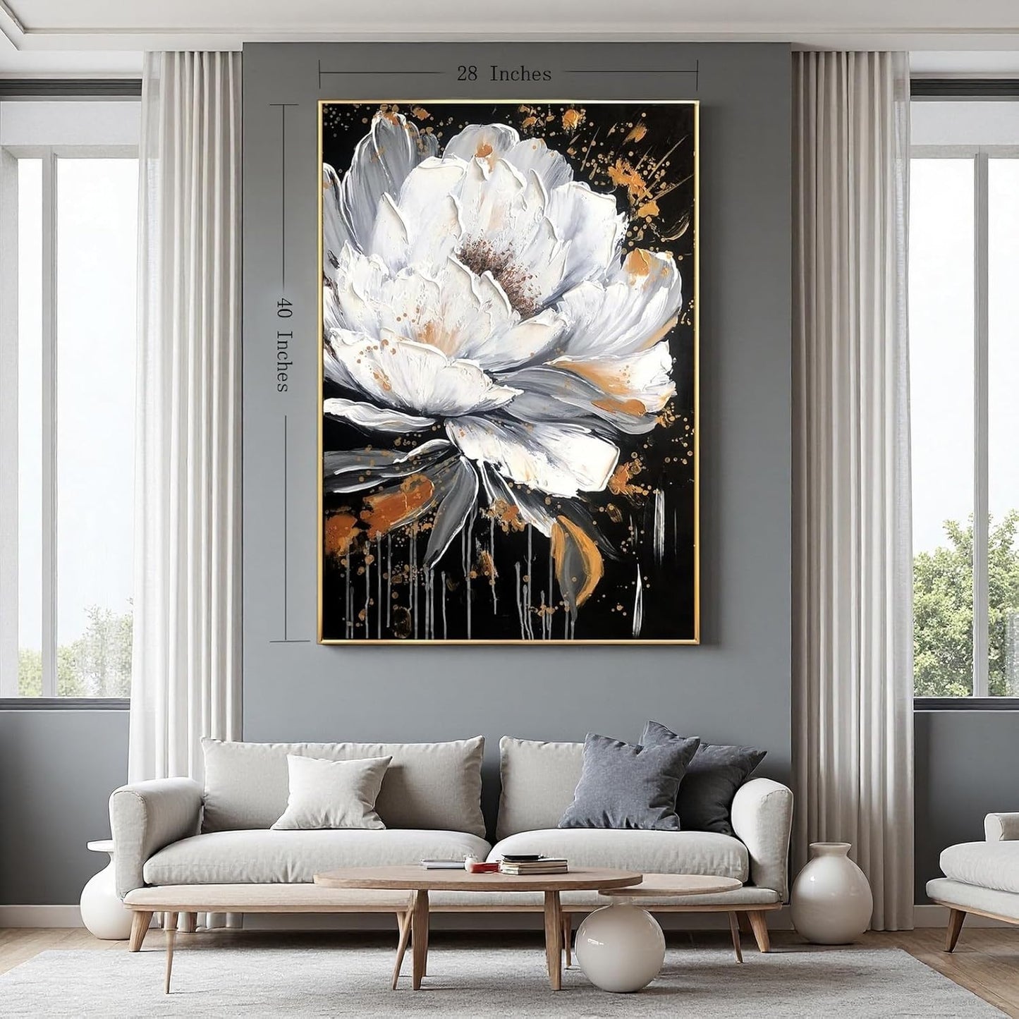 Framed White and Black Flower Wall Art for Study,Hand Painted Floral Oil Painting for Bedroom,Modern Textured 3D Artwork Office Kitchen Decor 28x40inch