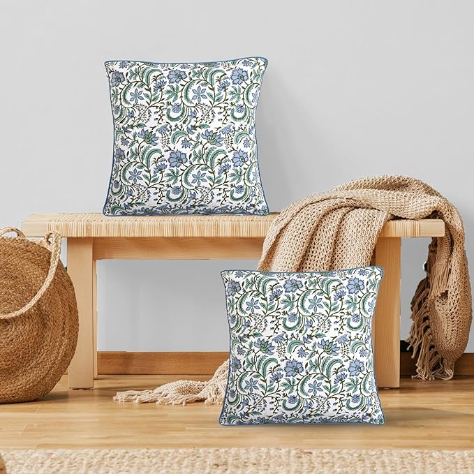 Ridhi Block Print Columbia Blue Pillow Cover 20" x 20" (Pack of 2) Decorative Couch Pillows for Living Room, Chic Boho Cute Outdoor Pillows Covers Gifts for Spring, Easter and Valentine