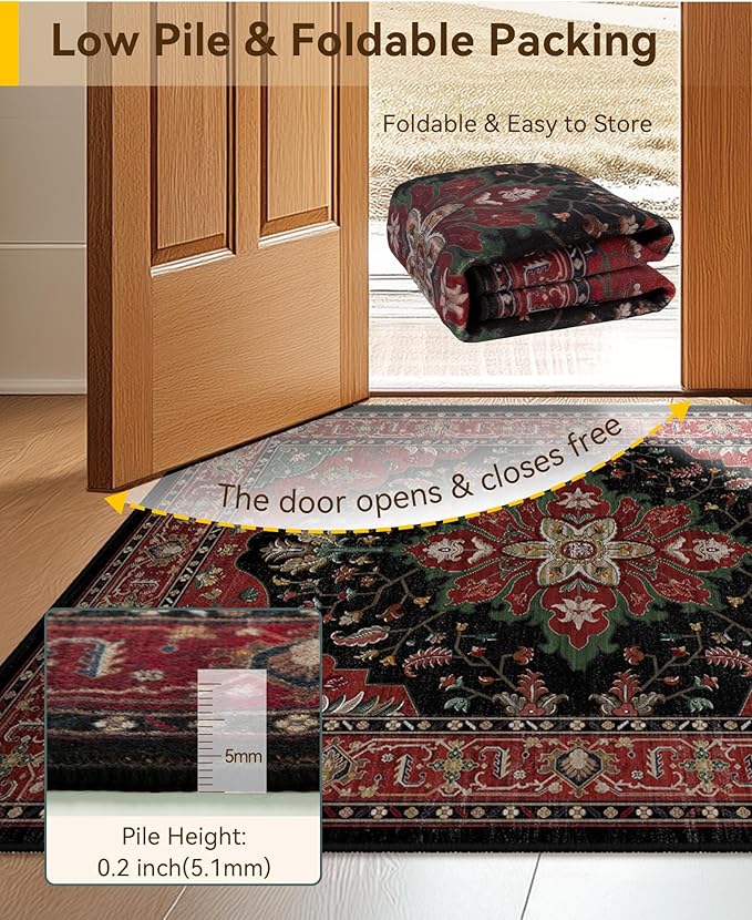 RELEANY Area Rugs 6'x8' Washable Non-Slip, Floral Vintage Distress Medallion Carpet for Living Room Bedroom Dining Room, Red Black