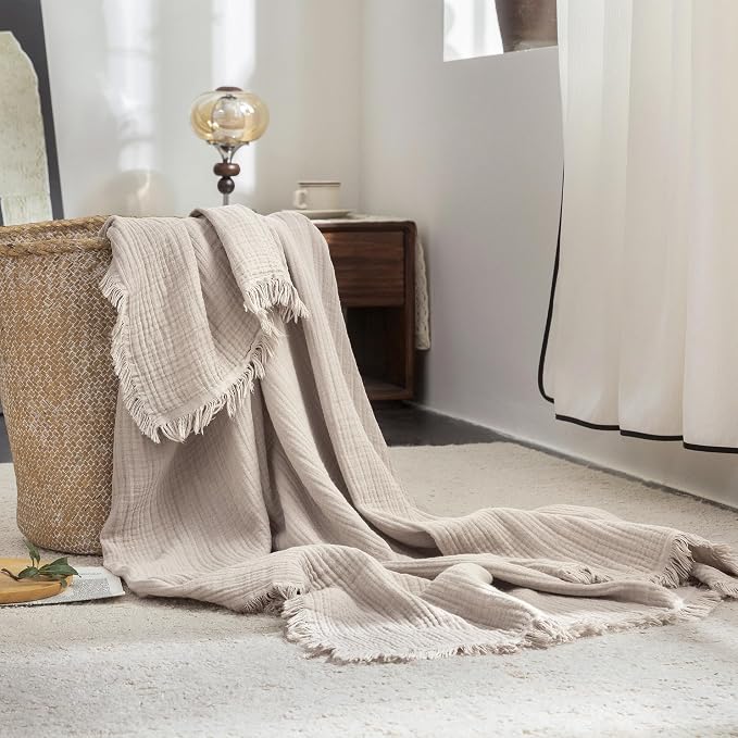 FOSSA Muslin Blanket 4-Layer 100% Cotton Gauze Blanket with Fringe 50"x60" | Super Soft Breathable Lightweight All Season & Decorative Blanket or Bed, Sofa, Office (Beige Gray,Throw)