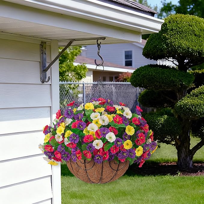 Ammyoo Artificial Fake Hanging Flowers with Basket, Faux Silk Morning Glory Flower Arrangement for Spring Summer Decor, Hanging Plant for Patio Garden Porch Outdoor Decor