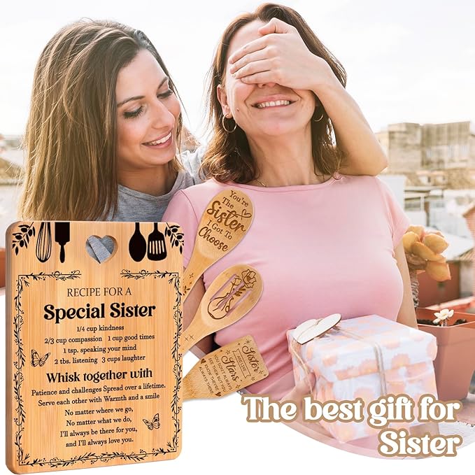 Sister Birthday Gifts - "Recipe for a Special Sister" Sister Gifts from Sister Cutting Board Set, Bamboo-Made Engraved Utensil Set Sister Gifts from Sister, Mothers Day Gifts for Sister