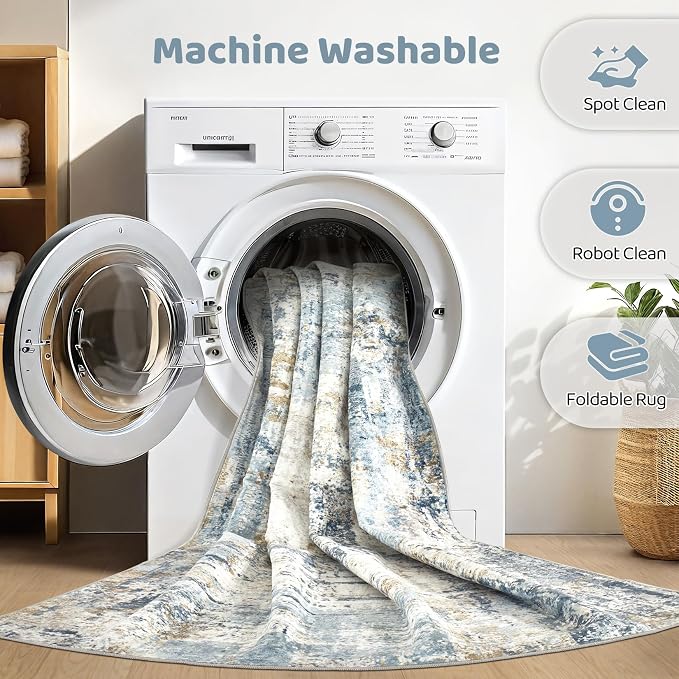 5x8 Area Rug Washable Rugs: Large Abstract Modern Soft Stain Resistant Indoor Floor Non-Slip Accent Carpet for Living Room Bedroom Nursery Playroom Dining Room Office Dorm Home House- Light Blue
