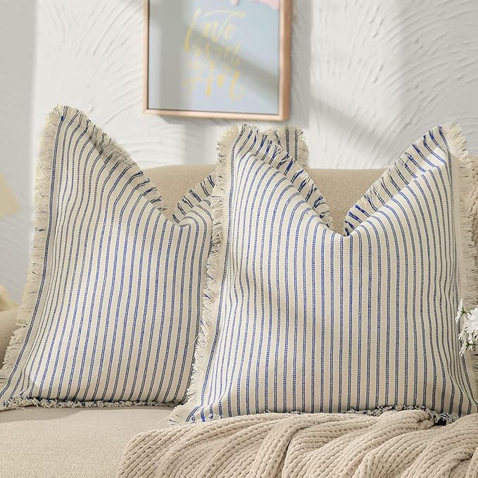 ZWJD Throw Pillow Covers 18x18 Set of 2 Striped Pillow Covers with Fringe Chic Cotton Decorative Pillows Square Cushion Covers for Sofa Couch Bed Living Room Farmhouse Decor, (Blue)