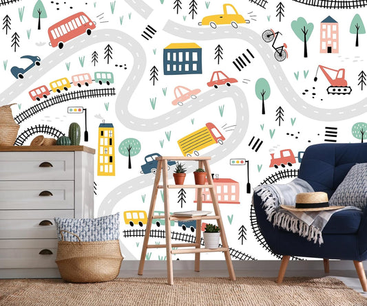 Cartoon Car Roadmap Wall Mural Bus Wallpaper for Kids Room Bedroom Living Room(Not Peel and Stick)
