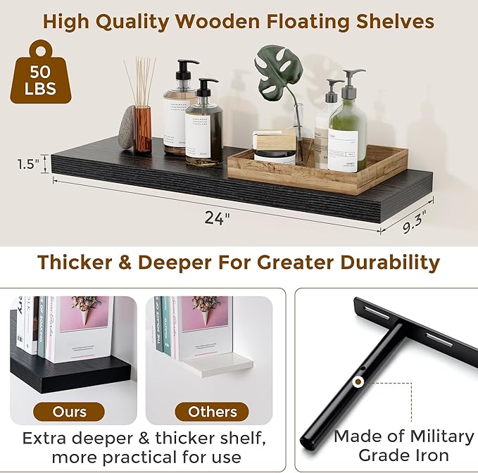 Floating Shelves for Wall, 24 inch Black Floating Shelves, 9.3in Deep Wooden Wall Shelf for Living Room Display Bathroom Book Shelves Laundry Room Storage or Bedroom Kitchen Organizer, 2 Packs