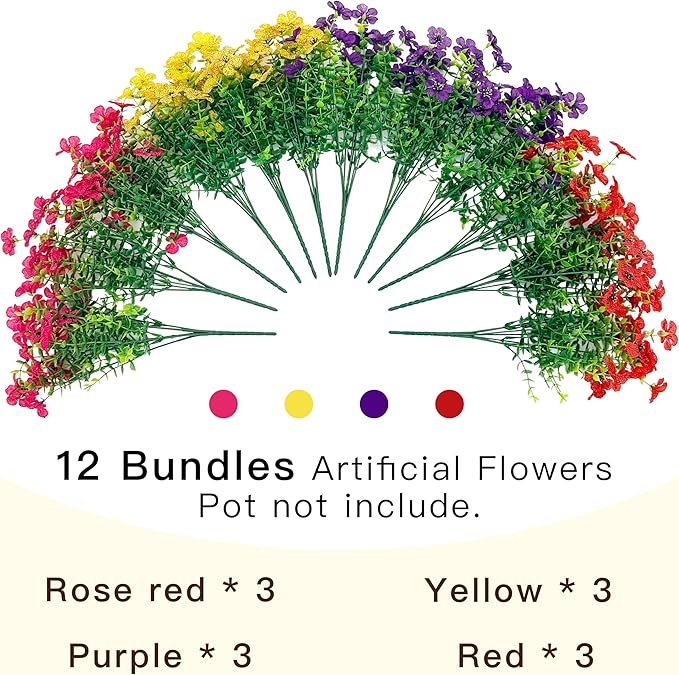 Senjie 12 Bundles Artificial Flowers Bulk for Outdoor Decor, UV Resistant Fake Plastic Flowers, Faux Flowers for Porch Patio Window Boxwood Garden