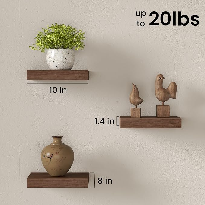 Fun Memories Floating Shelves for Wall with Invisible Brackets, 10 Inch Wall Mounted Wood Shelves with Wood Grain for Living Room, Bedroom, Bathroom, Kitchen Decor and Storage, Walnut - Set of 3
