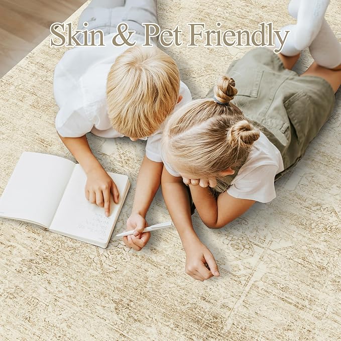 Soalmost 5x7 Area Rugs Beige Low Pile Indoor Washable Trendy Faded Style Floral Rugs for Bedroom Living Room Dining Room Foldable Non-Slip Thin Print Mat