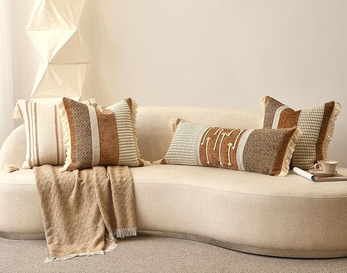 Burnt Orange Boho Lumbar Pillow Cover 14x36 Inches | Modern Farmhouse Long Lumbar Decorative Pillows Cushion Case with Handmade Drawn Work Tassel for Bed Couch