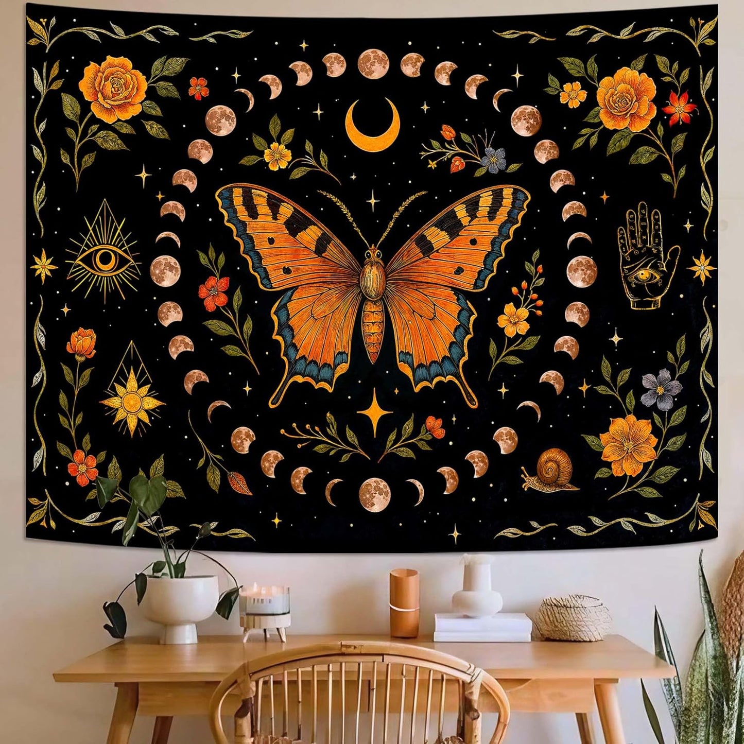 Lunerfex Moon Phase Butterfly Floral Wall Tapestry, Celestial Botanical Tapestries for Room Decor, Mystical Tapestry 90x70 Inch